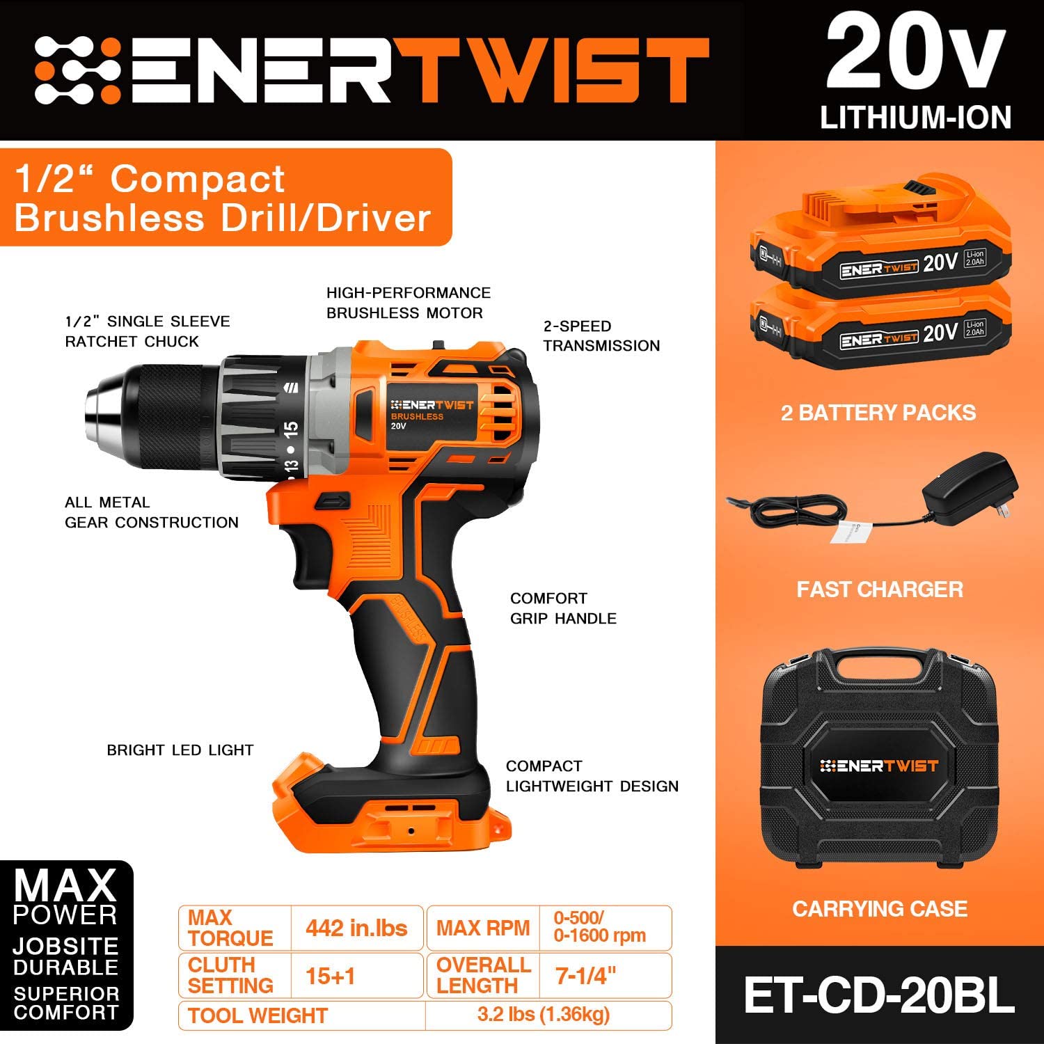 B07ZRHJ5XB ENERTWIST Cordless Drill, 20V Max Brushless Power Drill ...